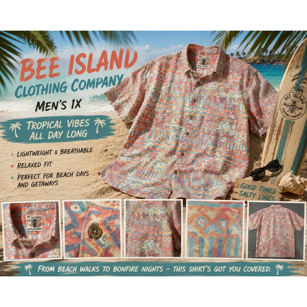 Bee Island Clothing Company Men's 1X Tropical Tribal Print Camp Shirt Coral Blue